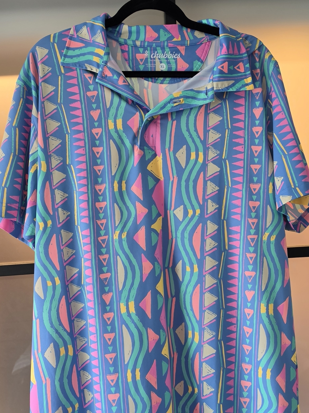 chubbies Blue Geometric Print Camp Shirt with Pink & Teal Accents